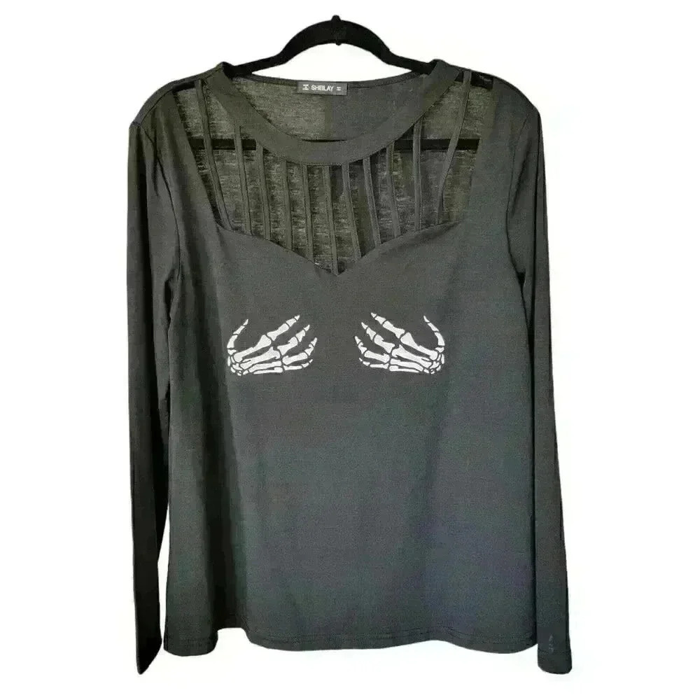 Sheilay Halloween Top / Black / Long Sleeves /Skeleton/ Naughty / Size L